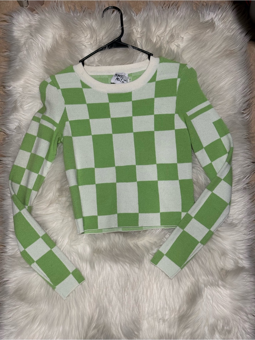 Princess Polly Green and White Checkerboard Crop Sweater